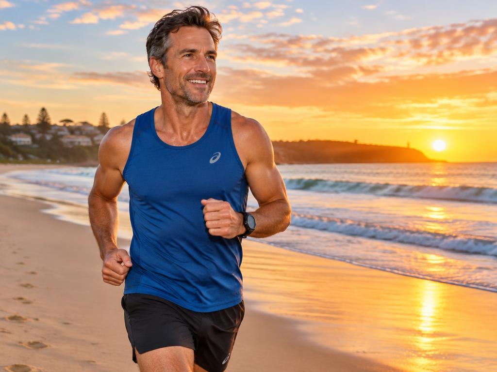 Australian man jogging on the beach at sunrise